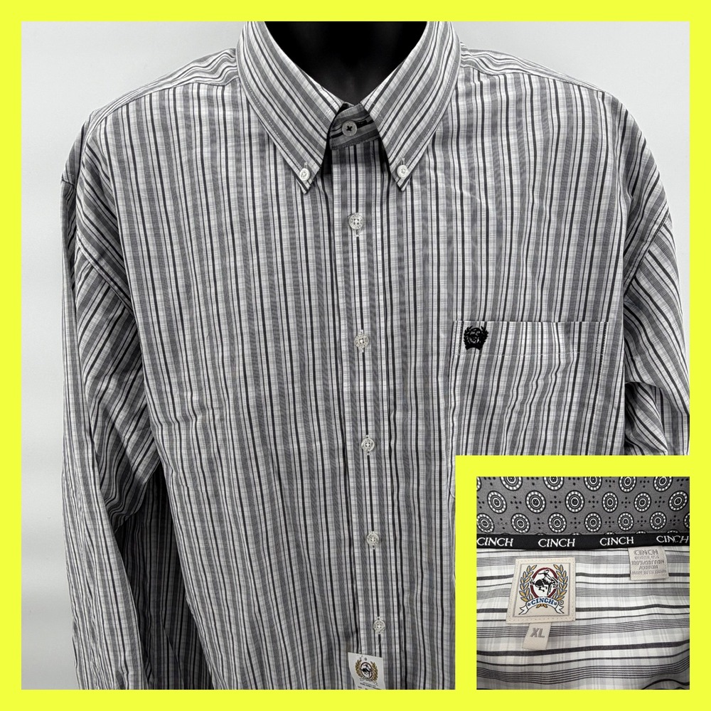 Cinch Shirt Mens XL Gray White Striped Long Sleeve Button Front Cotton NWT